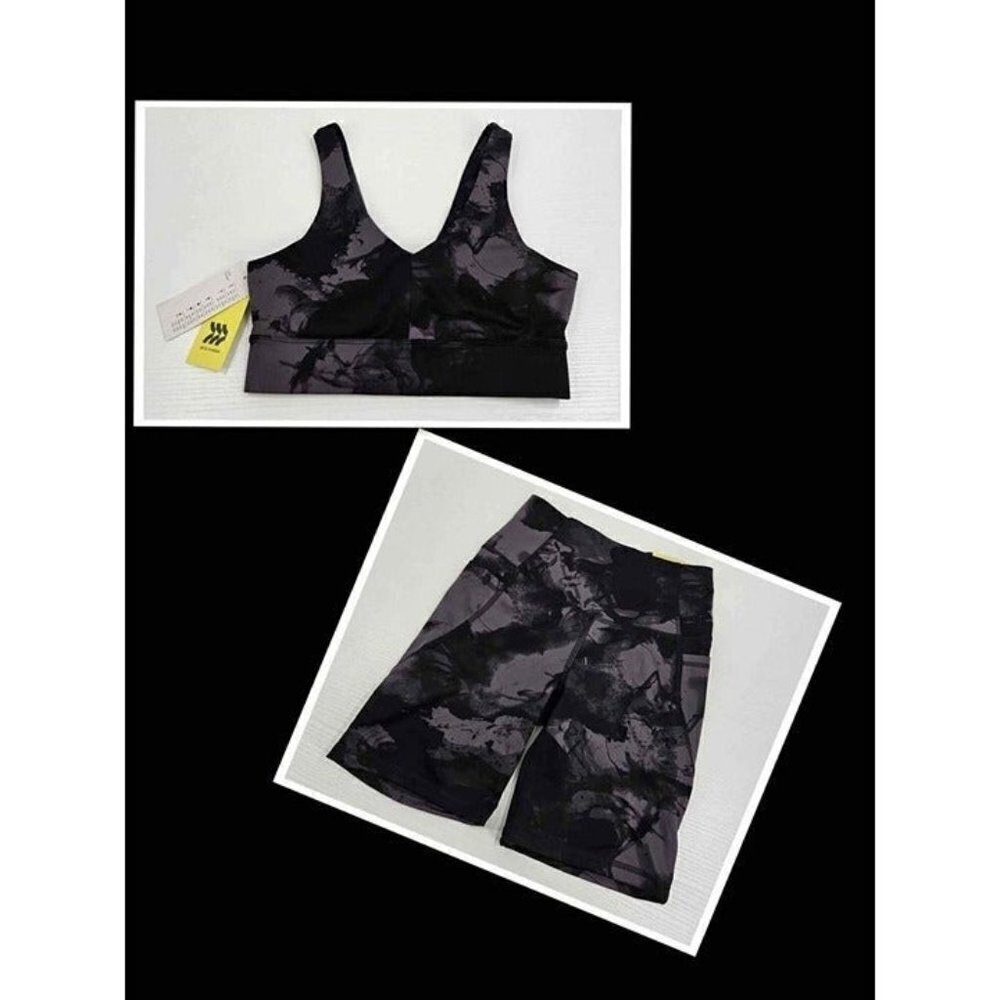 New All in Motion Tie Dye Swirl Set Sports Bra & Biker Shorts Gray Black Sz XS